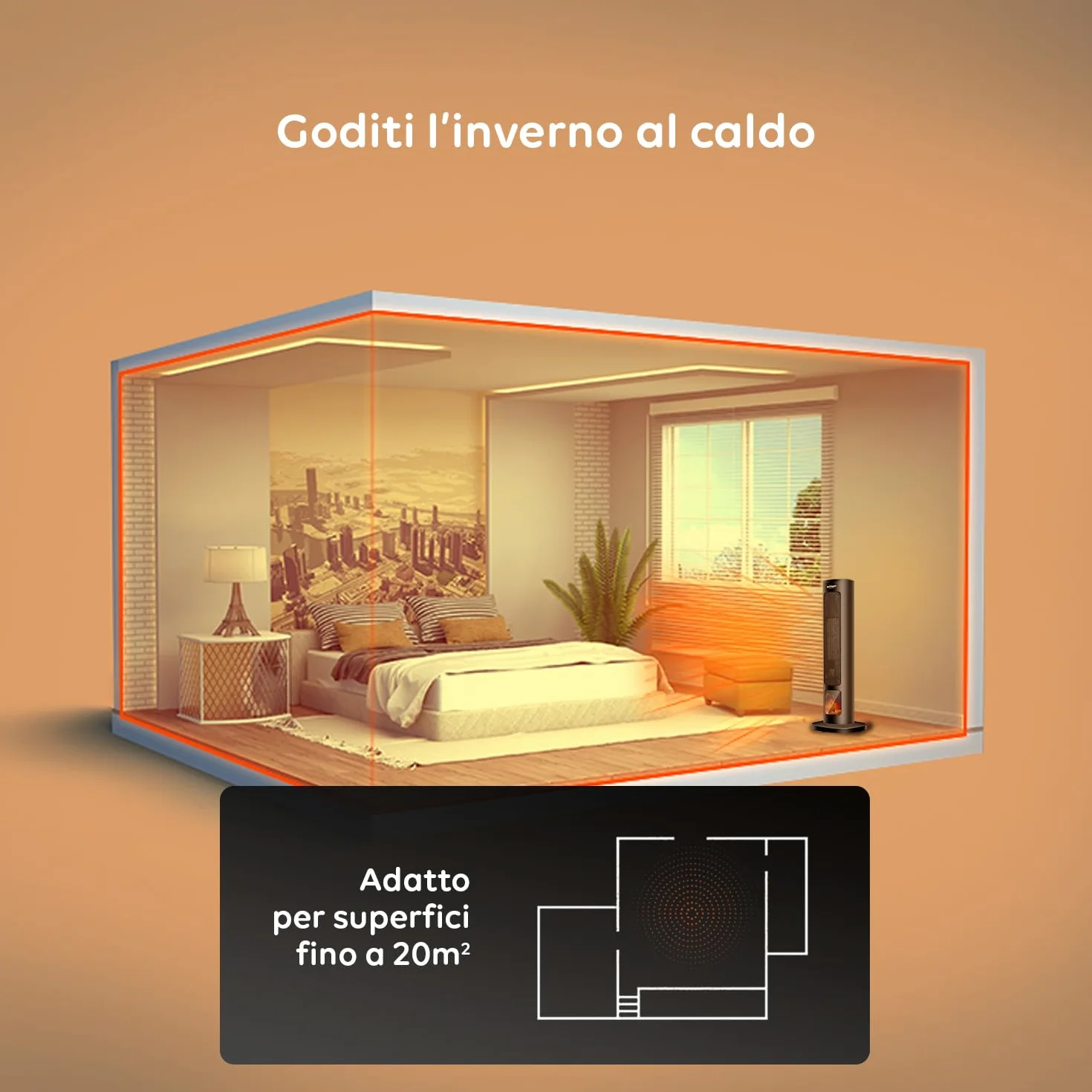Wintem Stufa Termoventilatore Elettrico a Torre 800/2000W con Display Effetto Camino e Telecomando 60cm - Ideale per un Riscaldamento in Sicurezza Grazie alla Funzione di Spegnimento Automatico