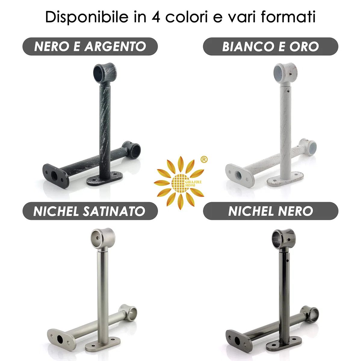 GIRASOLE HOME Staffa Regolabile Lunga 165mm per Asta 2 Pezzi in Alluminio Resistente per Bastoni dal Diametro di 18-20 mm (Nichel Satinato)