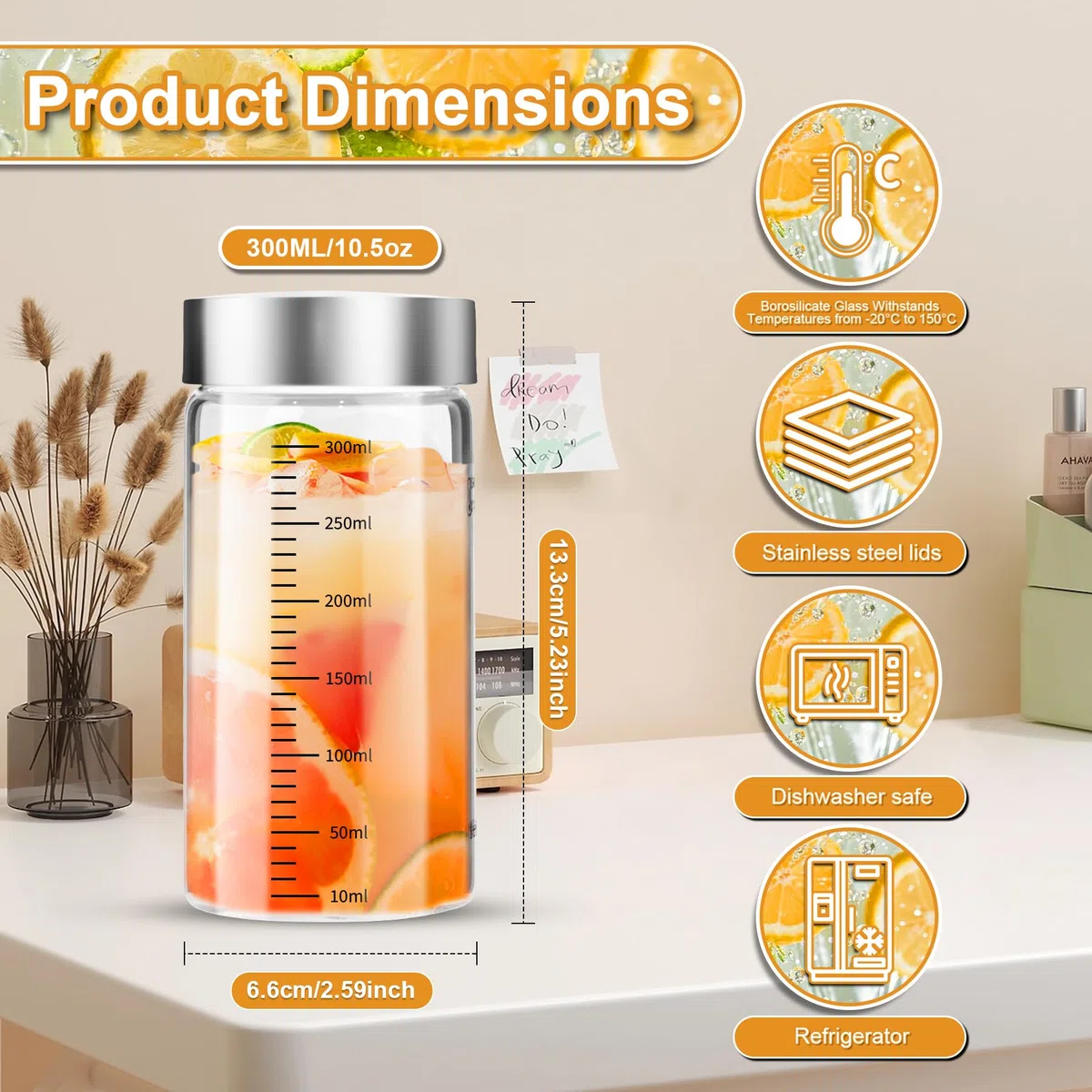 4 Bottiglie di Vetro da 300 ml con Coperchio in Acciaio Inox,Riutilizzabile,Senza BPA,per Succhi, Frullati, Caffè, Latte, Tè, Latte Vegetale e Altro Ancora