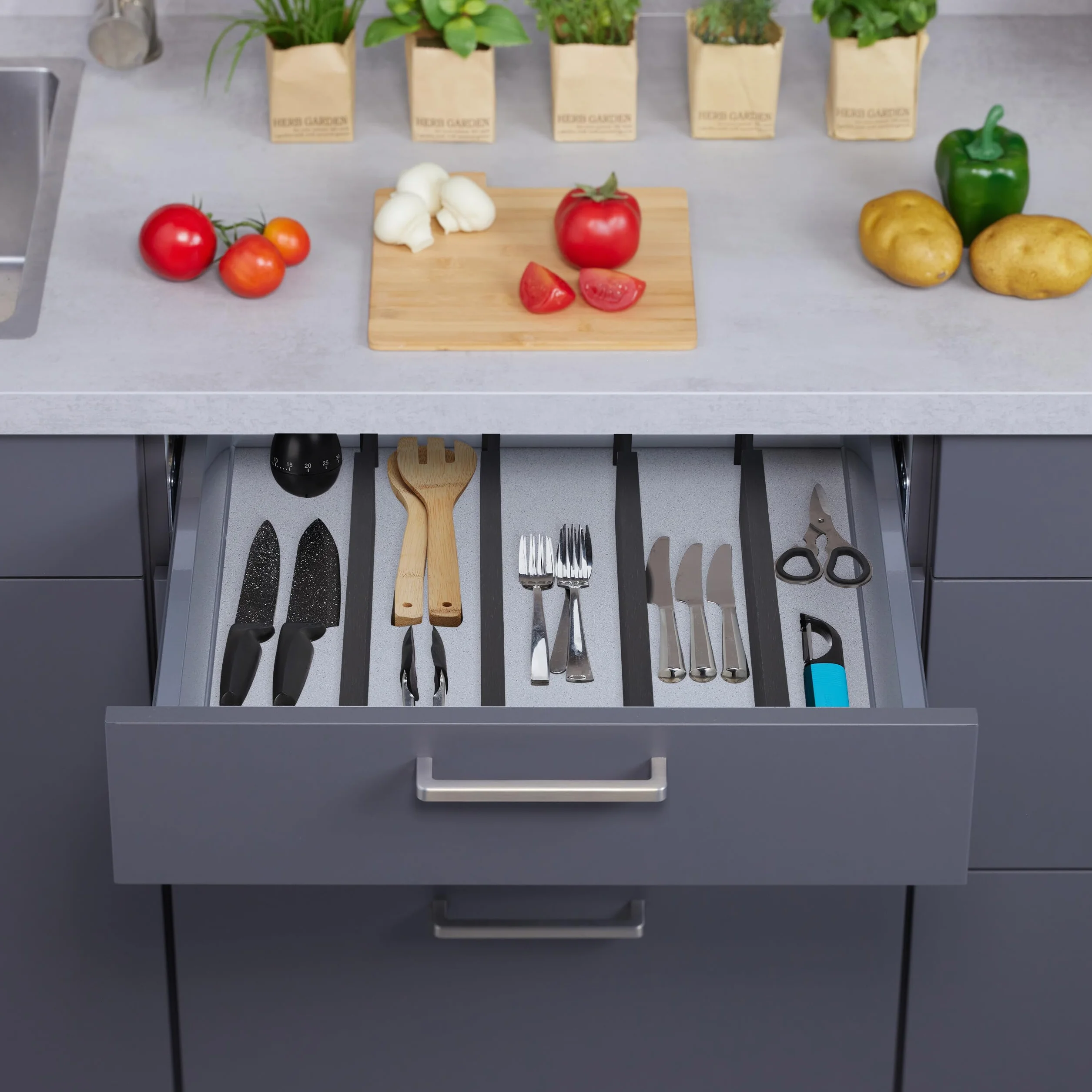 Relaxdays Divisori da Cassetto, Set da 4 Separatori da Cucina, Organizer Lunghezza Regolabile 46-56 cm, Nero