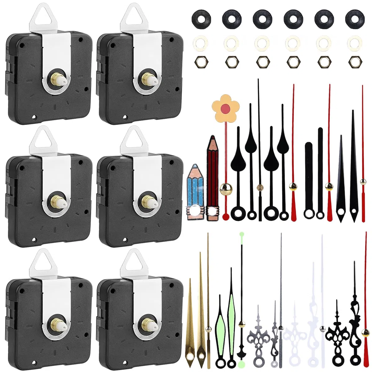 Set di 6 movimenti al quarzo silenzioso, ricambio per orologio da parete, 13 mm, 16 mm, 22 mm, codolo lungo e corto, funzionamento a batteria, meccanismo per orologio da parete, parti di ricambio