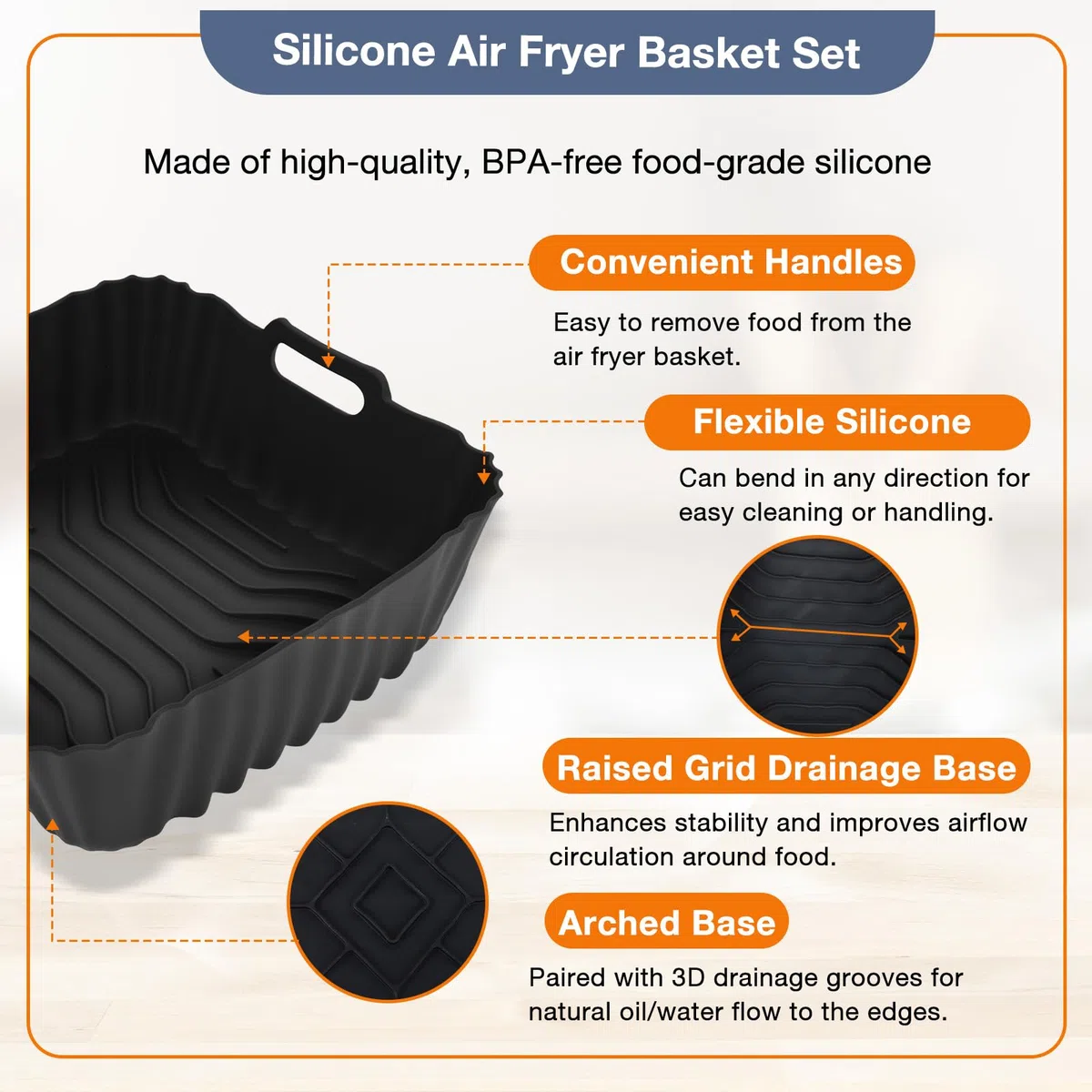 VINATO Set di 3 Teglie per Friggitrice ad Aria in Silicone - Accessori per Friggitrice ad Aria con Separazione Grasso, Lavabile in Lavastoviglie - Per COSORI, Ninja, Philips, Tefal, Russell Hobbs