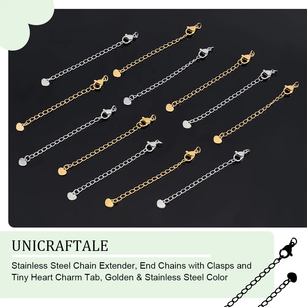 UNICRAFTALE 20 pz 2 Colori 50 mm 304 Set di Catene di Estensione in Acciaio Inossidabile Catene di estremità Code di Estensione con Fermagli e Estensore per Catena con Ciondolo A Cuore Piccolo