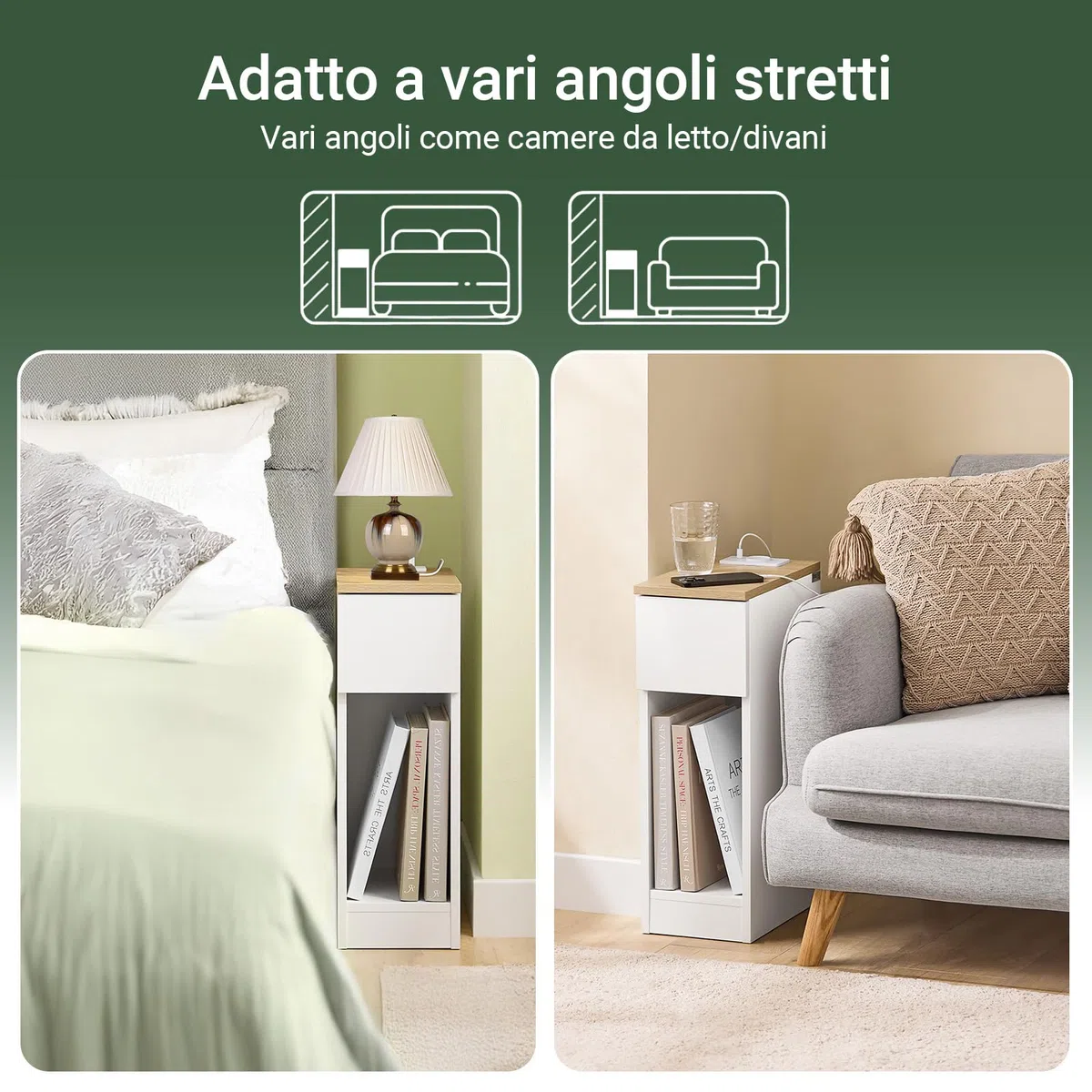SoBuy Set da 2 comodini camera da letto stretti con ricarica USB & Type-C, tavolino da letto con incavo battiscopa, mobile salvaspazio per piccoli ambienti, bianco 20x35x60 cm FBT111-E-WNx2