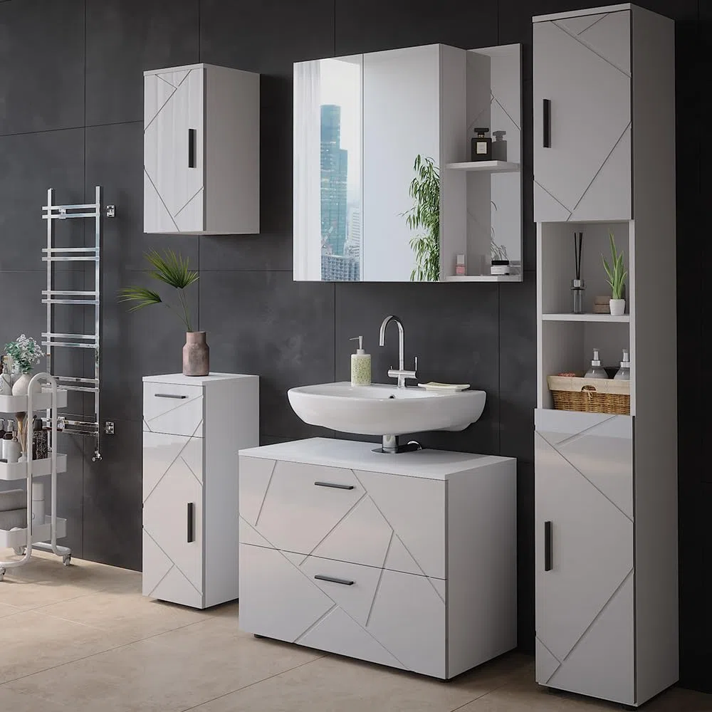 Vicco Mobile a specchio per il bagno Irma, Bianco/bianco lucido, 80 x 75 cm, per montaggio a parete con ripiani aperti e specchio