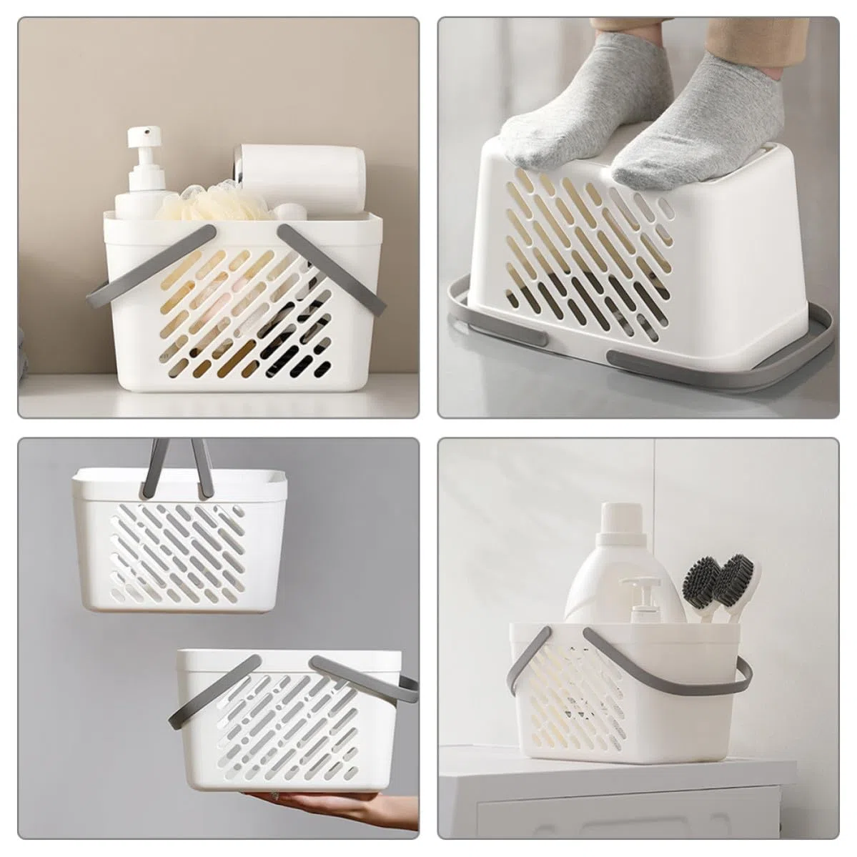 OSALADI Cestino da Bagno in Plastica Bianco Doppia Maniglia e Design Traforato, Grande Capacità per Organizzare Accessori e Cosmetici in Soggiorno o Armadio