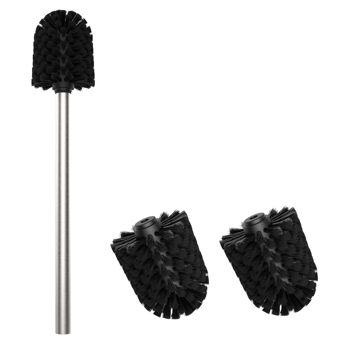 Scopino per WC, con 3 testine di ricambio, manico in acciaio inox 304, per la pulizia del bagno (argento, diametro 7 cm)