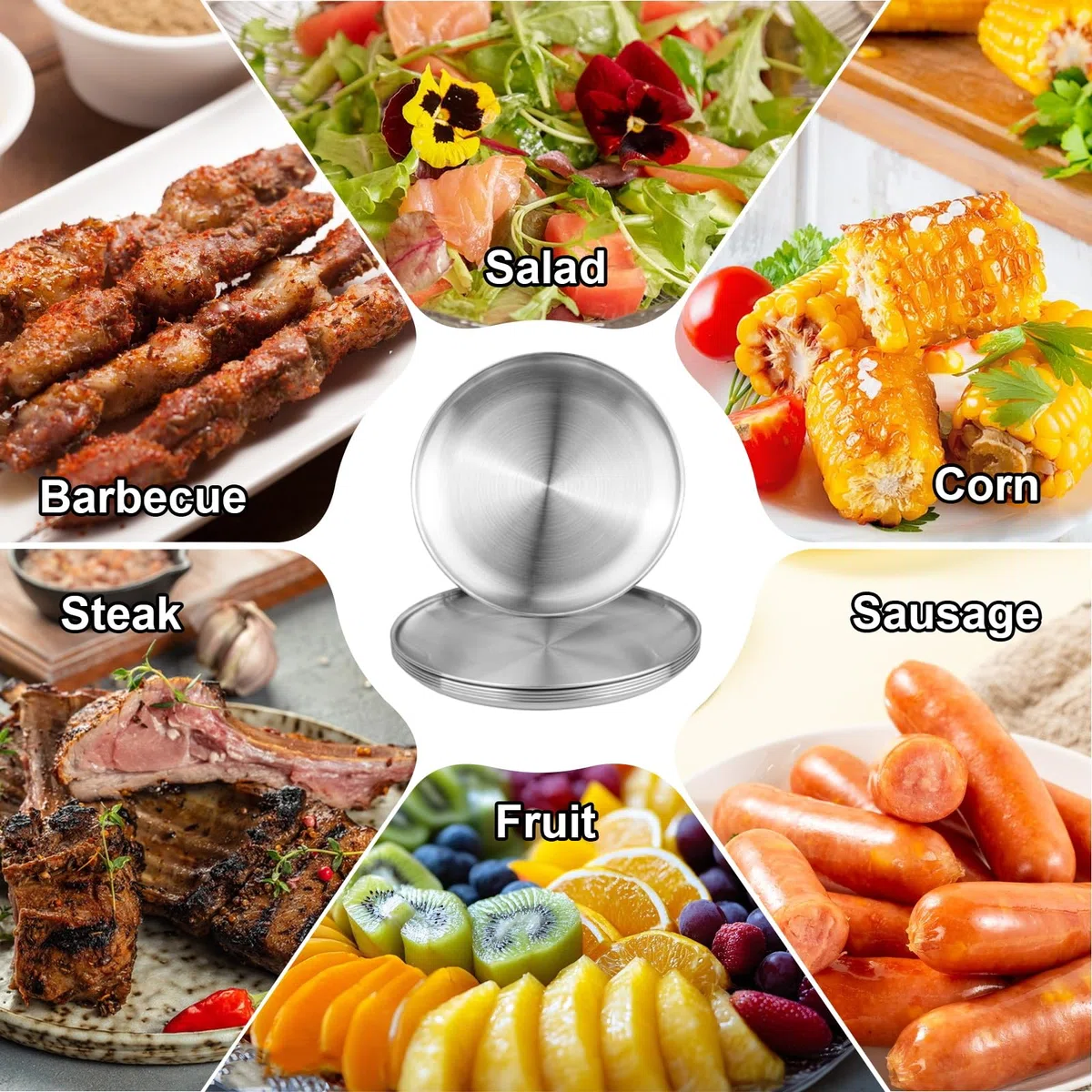 6 piatti in acciaio inox, piatti rotondi in acciaio inox, diametro 20 cm, per barbecue, vassoio, piatto da portata rotondo per campeggio, picnic, escursioni, cucina, feste