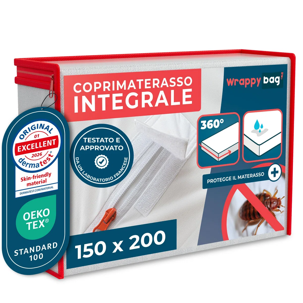Wrappybag Coprimaterasso Antiacaro Impermeabile - Fodera Integrale Anti-Cimici & Anti-Acaro - Proteggi Materasso Impermeabile senza Trattamenti Chimici - Matrimoniale 150 x 200 cm