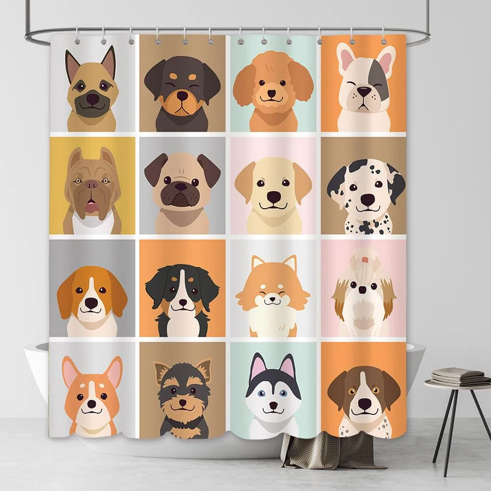 AIBIIN 180x180cm Animale Cane Tenda da Doccia Carino Divertente Colorato Scacchi Pittura Tende Da Bagno Durevole Tessuto Impermeabile Vasca Da Bagno Decorazione Domestica con 12 Ganci