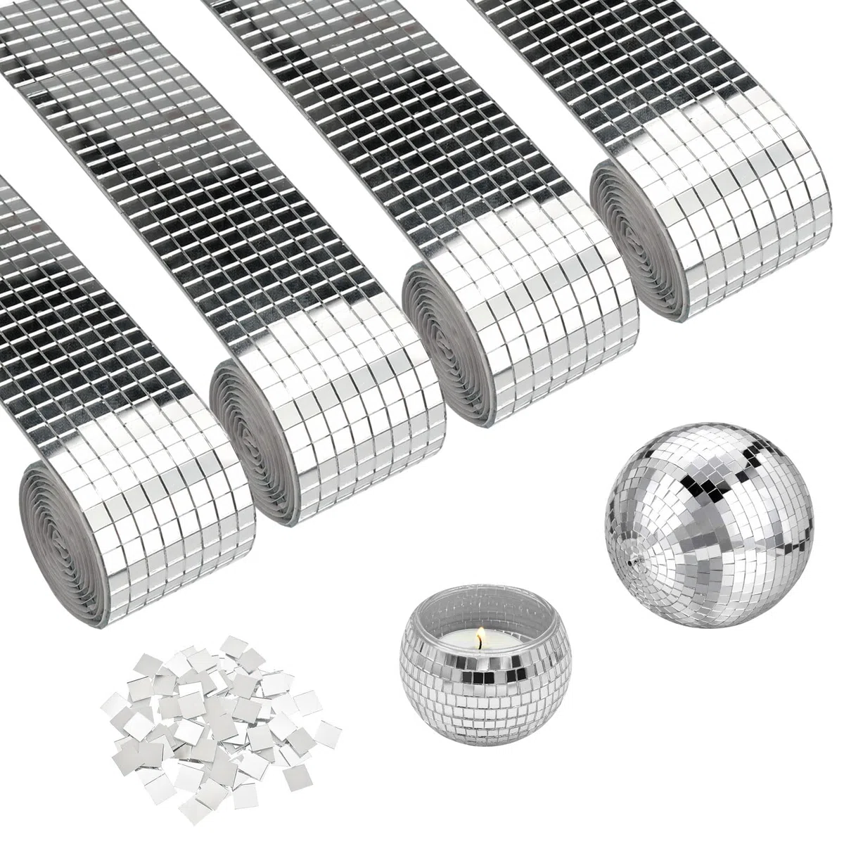 4 Rotoli 6400 Pezzi Adesivi Tessere Mosaico Specchi Vetro,Tessere Mosaico Specchi Autoadesivi 5 x 5 mm Glas,Mini Specchio Mosaico Vetro,Mini Mosaico Piastrelle Autoadesive per KTV Decorazione DIY