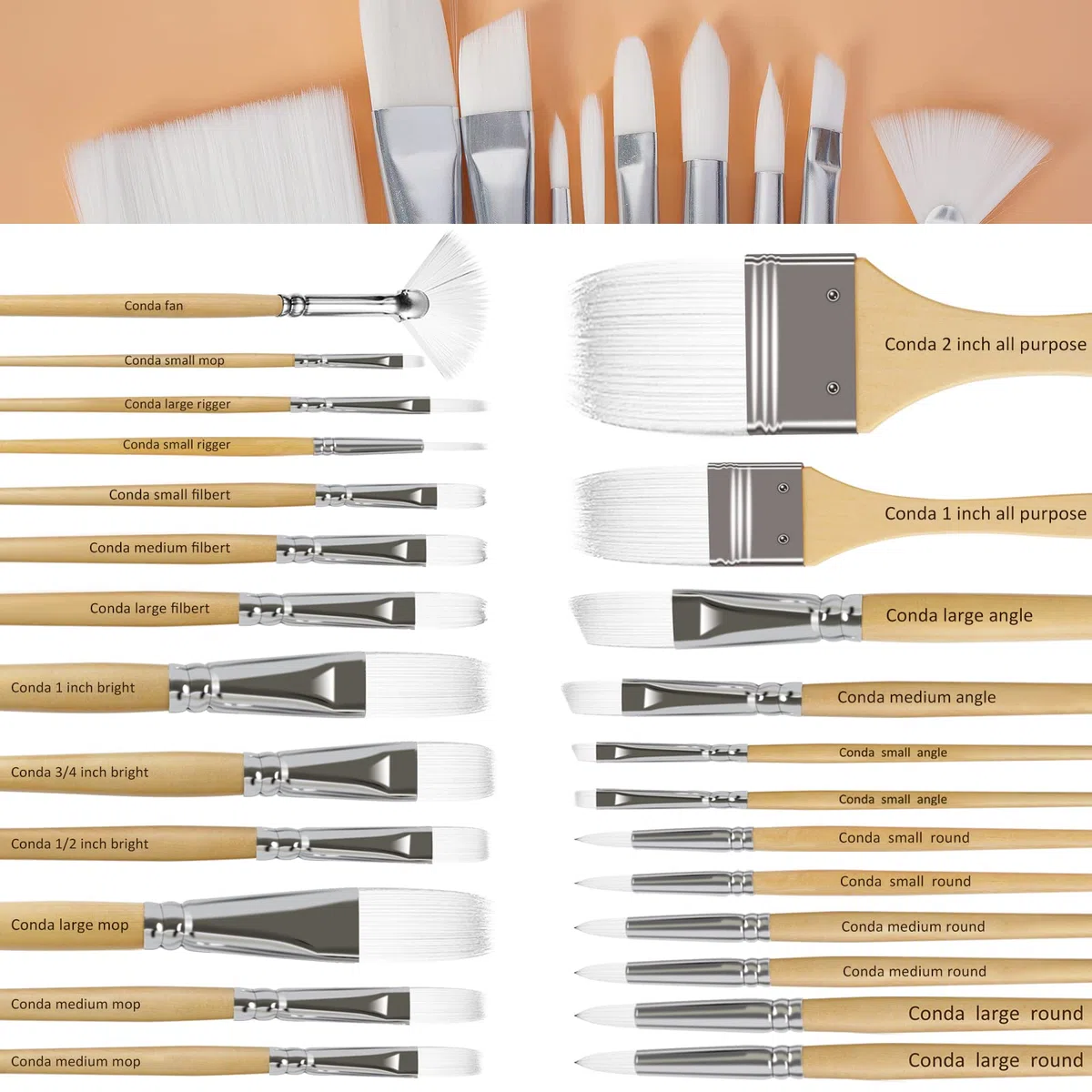 CONDA Pennelli Professionali per Colori ad Olio e Acrilici Set di Pennelli Spazzola per Dipingere 24 Pz Confezione in Nylon
