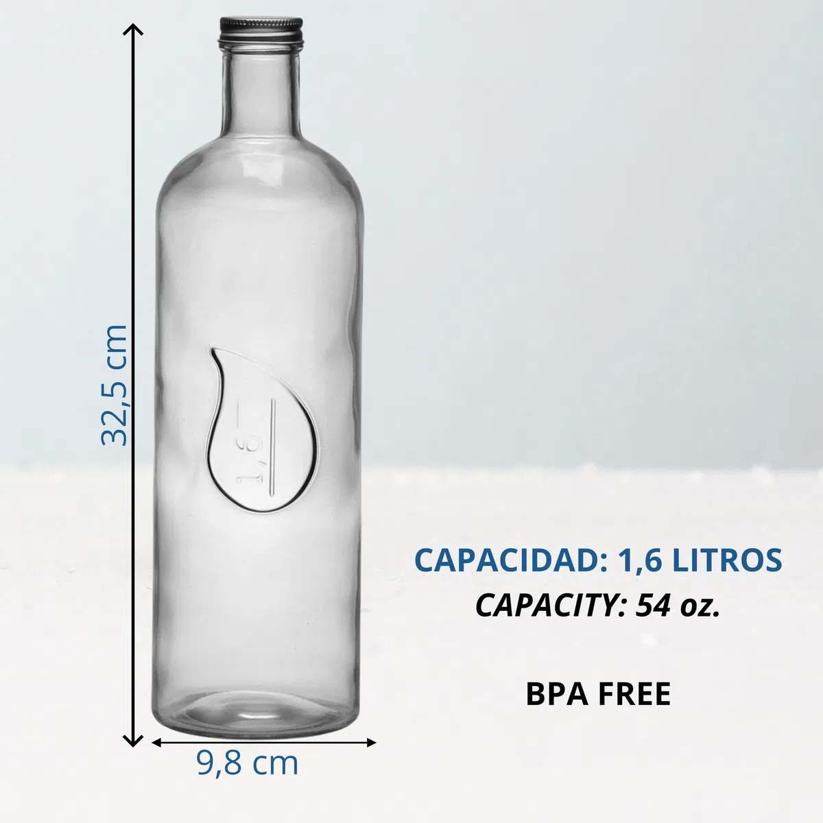 Bottiglia di vetro per acqua, bottiglia vetro 1 litro, 1600ml, Caraffe succhi per frigorifero, brocca caraffa per bevande fredde (TRANSPARENTE 1,6 LITRI)