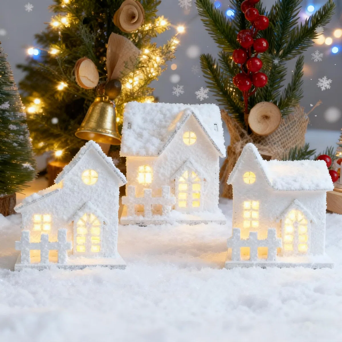 3 Pezzi Casette Natalizie Luminose con Timer, Villaggio Natalizio Legno Luminoso, Casetta Legno Villaggi Natalizi, Casette Natale Villages, Decorazioni Natalizie Luminose Regali Bianco