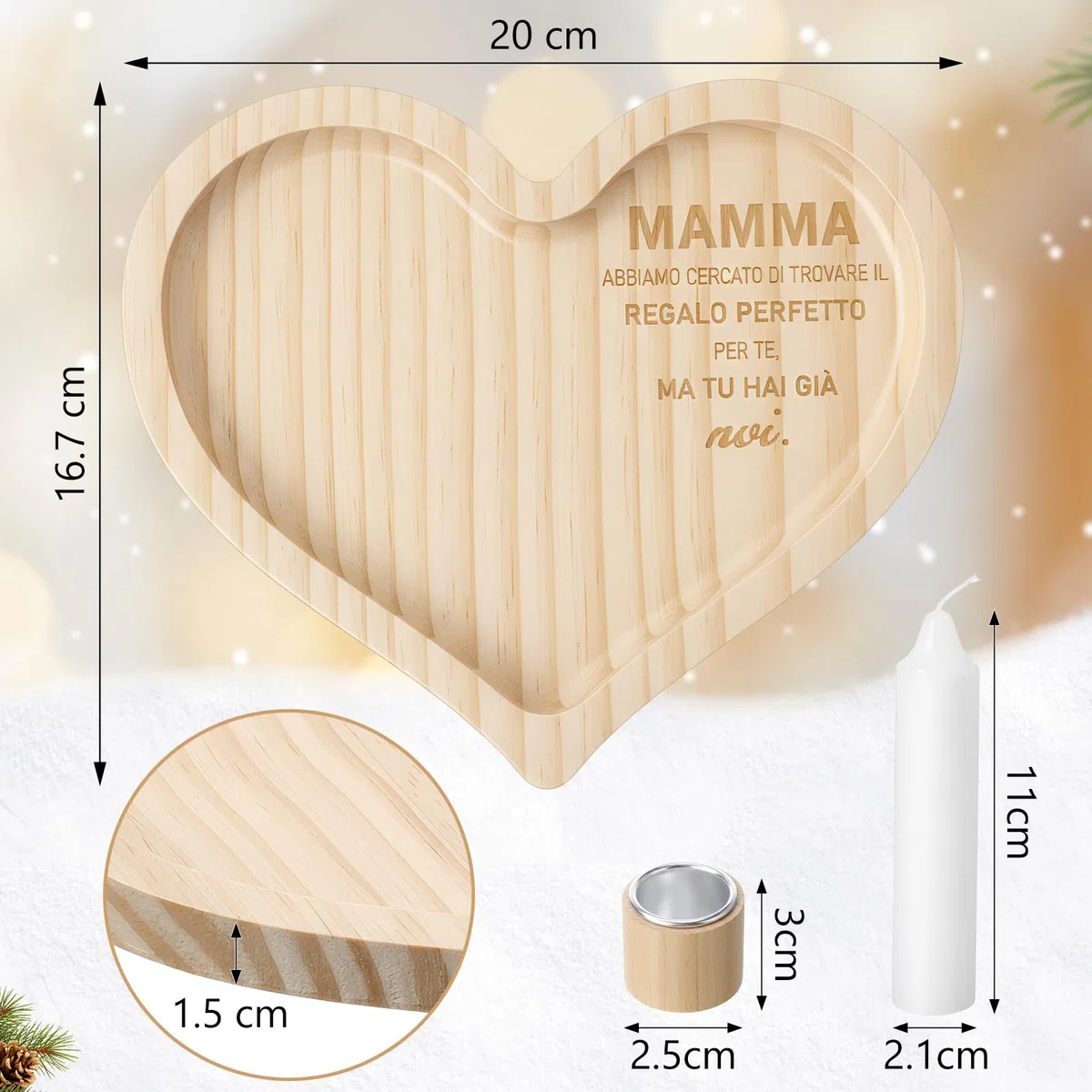 Photect Regalo Mamma Idee Regali Natale Mamma Vassoio a Forma di Cuore con Candele e Candelieri Originale Decorazione Casa per Compleanno Natale Anniversario Matrigna Suocera Nonna