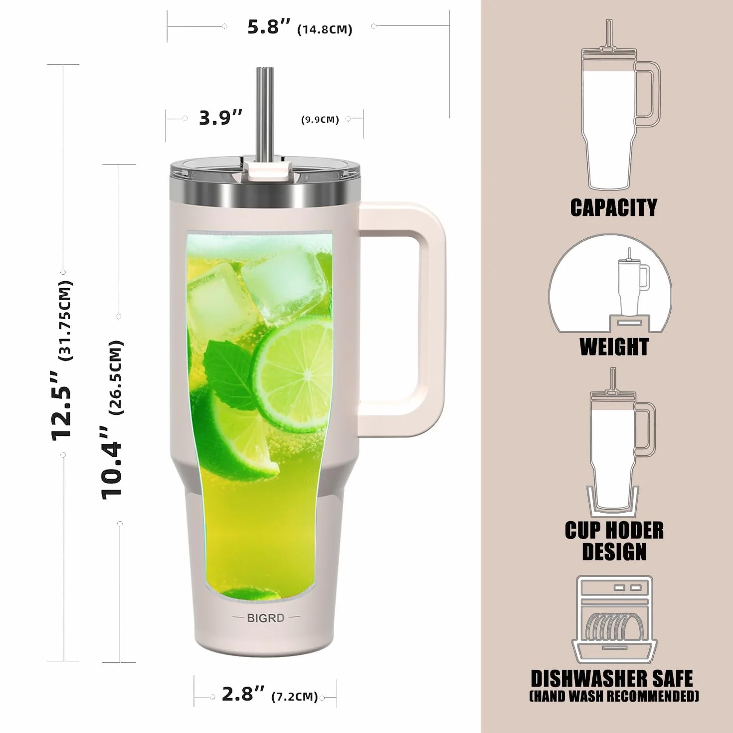BIGRD Borraccia Termica 1.2L (1200ml) con Cannuccia e Manico - Acciaio Inox Doppia Parete Isolata Sottovuoto, Antigoccia, Senza BPA, per Caffè, Palestra, Ufficio e Viaggio (colore della pelle)