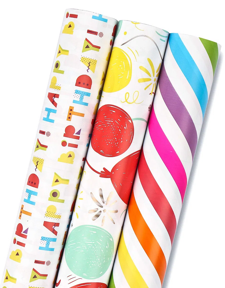 RUSPEPA Rotolo Di Carta Da Regalo - Mini Roll - 3 Diversi Design Di Stampa Di Compleanno - 43,2 cm X 305 cm Per Rotolo (Tltl Di 42,5 Piedi Quadrati)