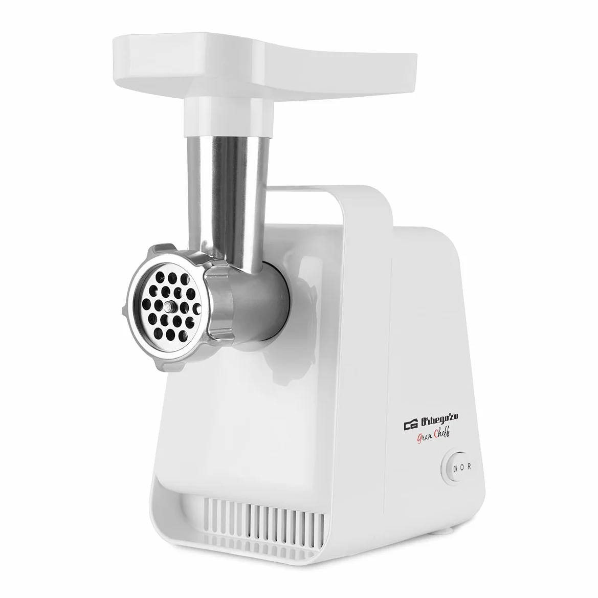 Orbegozo MP 2000, Tritacarne Elettrico, Funzione Movimento di Ritorno, 600 W, Pulsante Start Stop, Collo in Metallo, 3 Dischi Intercambiabili, 2 Lame, Bianco
