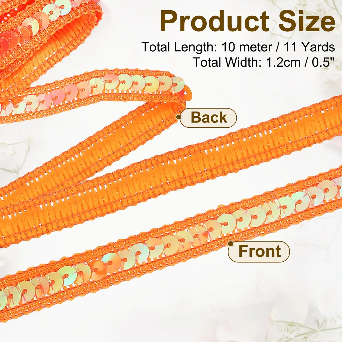 QUARKZMAN 11 Iarde Nastro Paillettes 0.5" Treccia Piatte, Strisce Tessuto Piatte per Artigianato, Cucito, Vestiti, Decorazione per Feste in Casa, Arancione