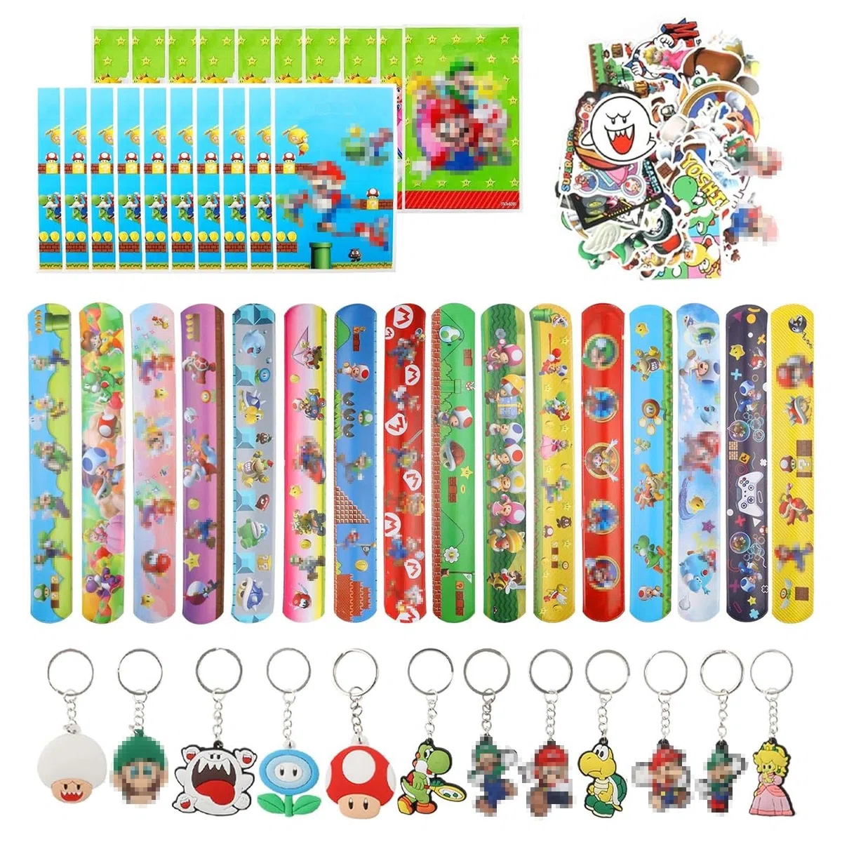 98 Pezzi Kit Compleanno Tema dei Cartoni Animati, Includere 12 Portachiavi Bambini 50 Stickers Bambini 16 Braccialetto dei Cartoni Animati 20 Sacchetti Regalo, Pieno di infantilismo