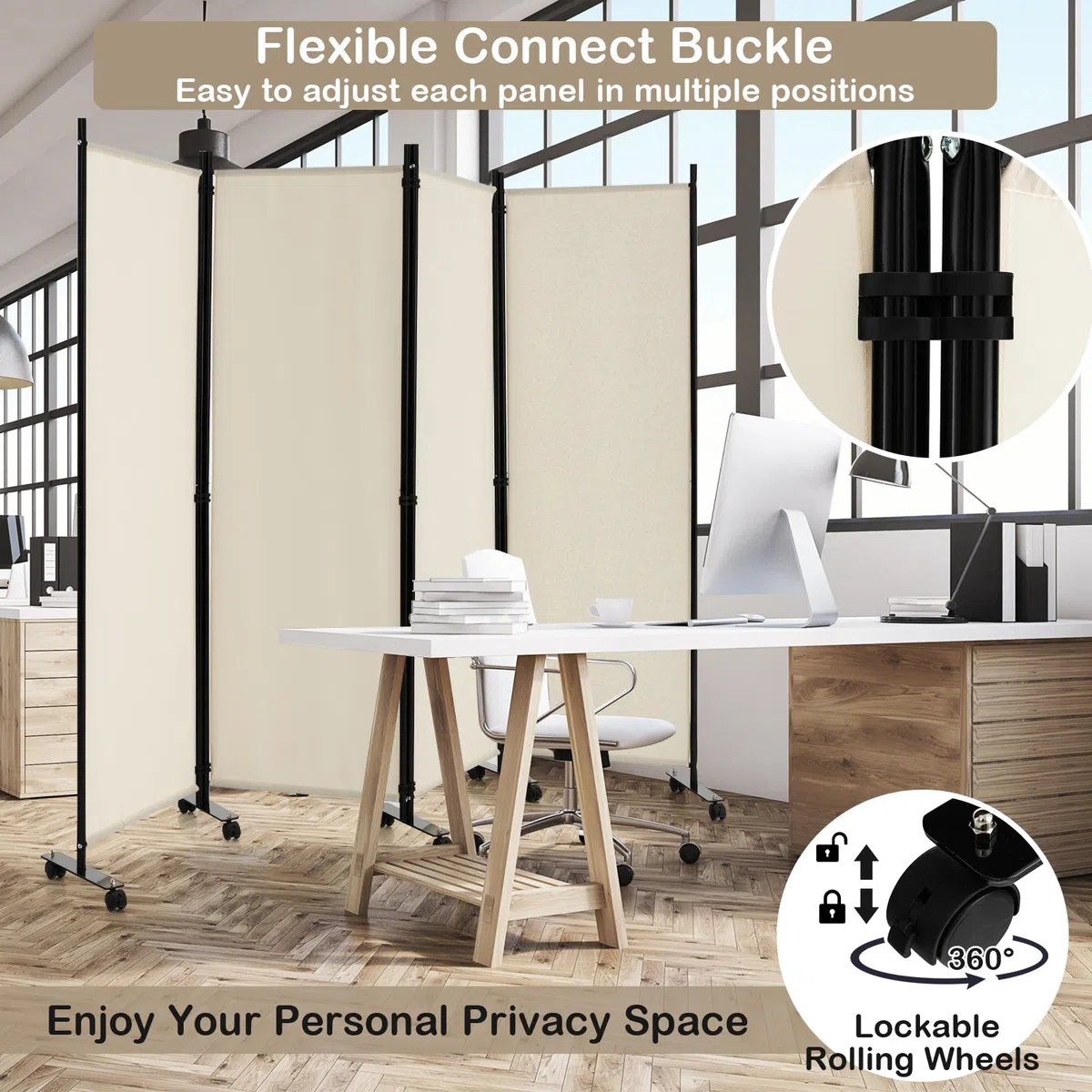 LIFEZEAL Divisorio a 4 Pannelli, Separè per Interno, Esterno, Paravento Mobile, Pieghevole, Parete Divisoria, Telaio in Metallo, con 10 Ruote, Protezione di Privacy, Separatore di Spazio (beige)