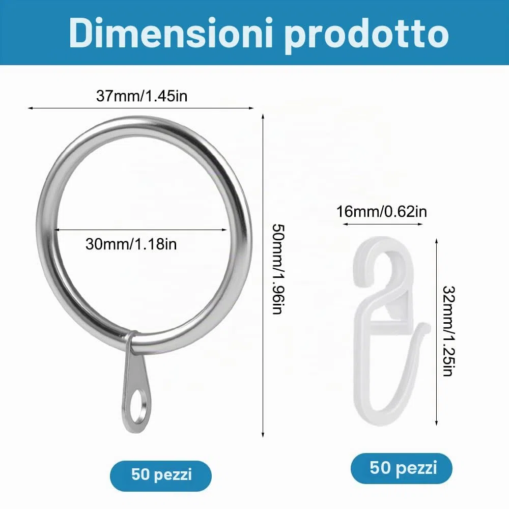 50 Pezzi Anelli Per Tende In Metallo, 30mm Anelli Per Tenda con 50 Ganci, Acciaio Inossidabile, Per Finestre, Porte, Tenda Da Doccia Per Binari,Casa, Bagno, Camera da Letto, Porte Finestre (argenteo)