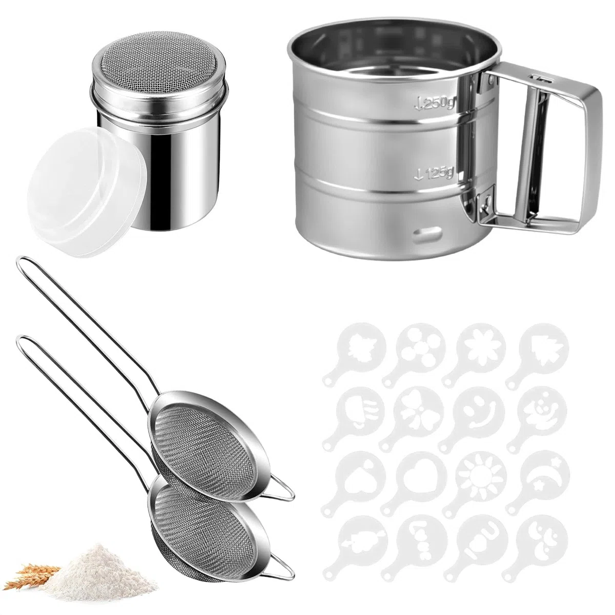 Set di 5 Setaccio Farina in Acciaio Inox Spargi Zucchero a Velo a Una Mano Colino Cucina con Coperchio con 16 Coffee Stencils Setaccio per Farina per Cacao, Spezie, Zucchero, Cioccolato