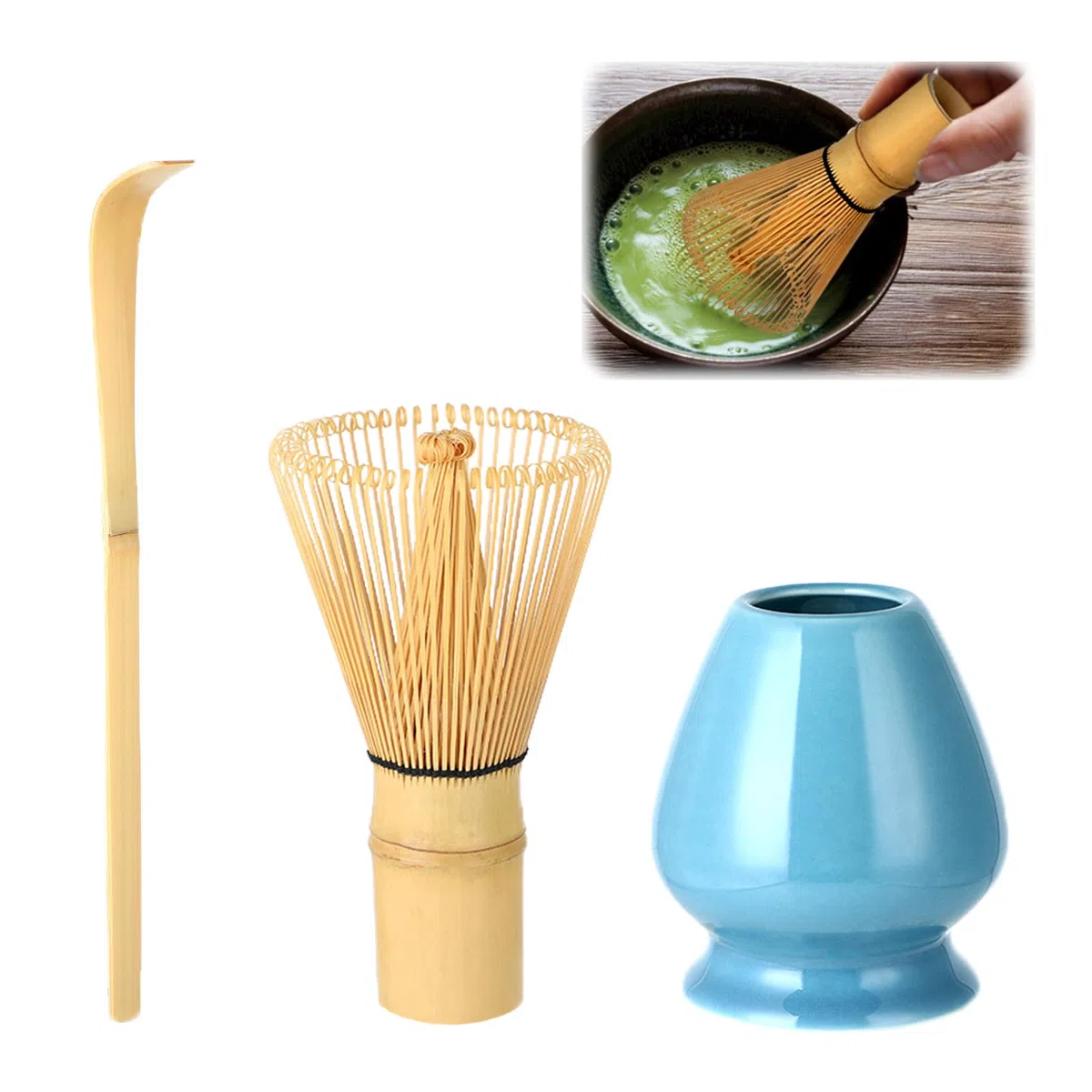 Wenrescry Set Accessori Cerimonia Tè Matcha - Fouet Bambù, Cucchiaio Tradizionale, Portafrusta - L'Insieme Perfetto per Preparare Tè Matcha