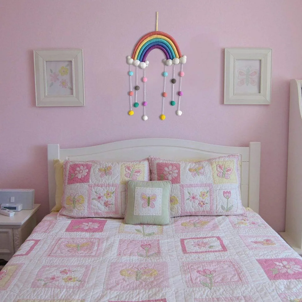 GooODCHANCEUK - Decorazione da parete in macramè arcobaleno con nuvole, ornamenti da parete con pompon, per cameretta dei bambini