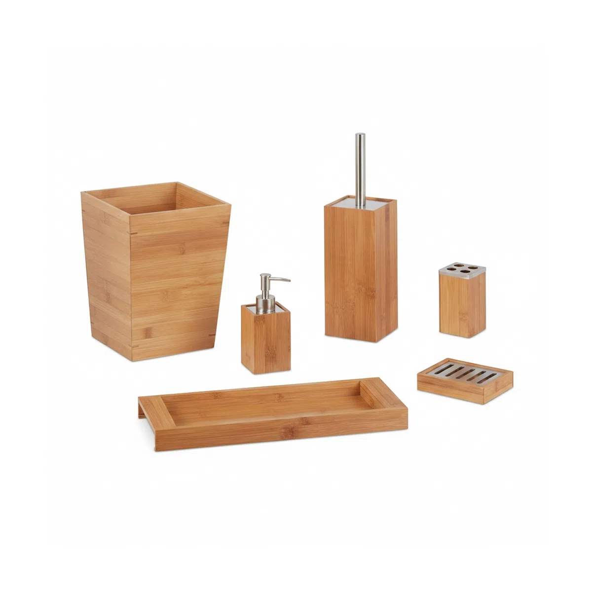 Relaxdays Kit Bagno Porta Sapone, 6 pz bambù, Dosatore, Cestino, Porta-Scopino, Ripiano, Portaspazzolino, Legno Naturale