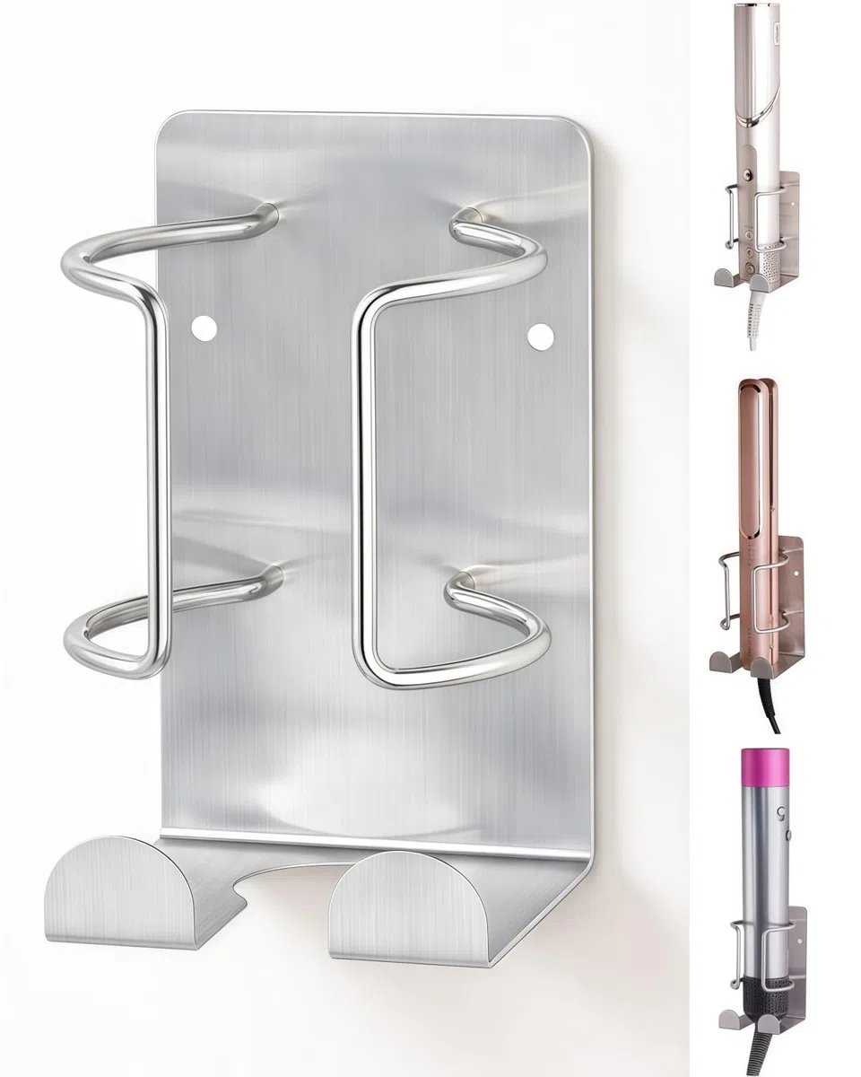 Supporto per Dyson Airwrap, Porta Piastra in Acciaio Inossidabile Senza Forare, Supporto da Parete per Dyson Airstraight con Gancio per Cavo, Installazione Adesiva o con Viti per Bagno