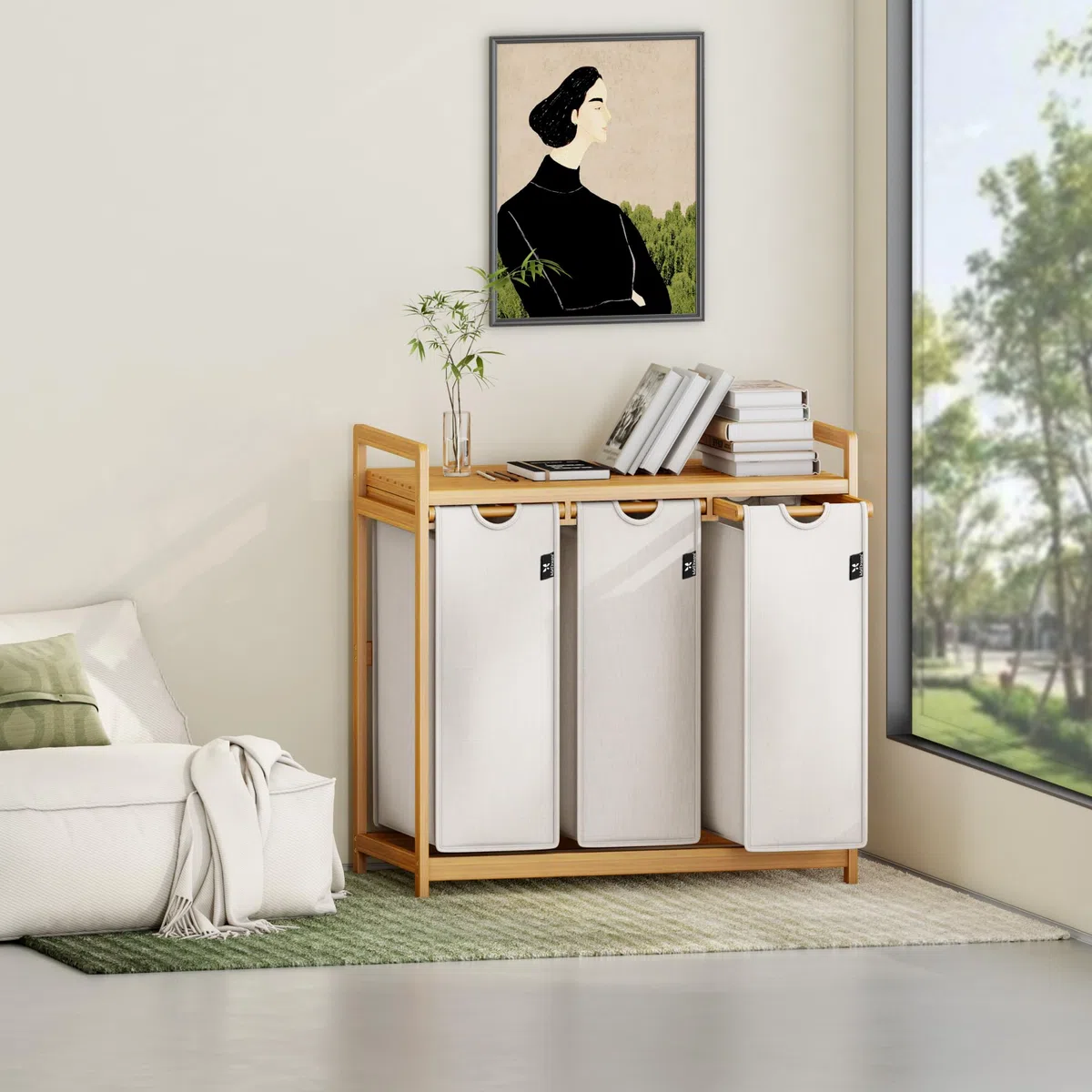 AdelDream Cesto Portabiancheria Cesto per Bucato 150L Organizzatore Lavanderia con 3 Scomparti in Bambù Selezionatore di Bucato Grigio Chiaro