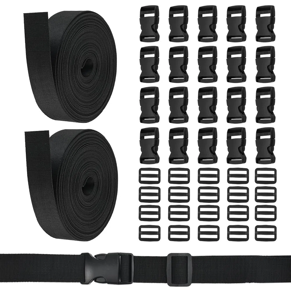 Fettuccia Nylon 10M, 20 Paia Fibbie a Scatto Doppie Fibbie per Guinzaglio, Fibbia Zaino, Nero Fettuccia Zaino, Fibbie in Plastica Regolabili, Cinghie Zaino Fettuccia per Cinturino Fai da Te