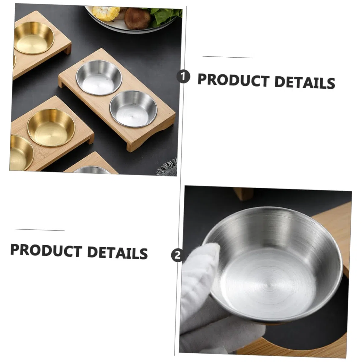 Set 1 Piatto Di Salsa e Piatto Di Condimento in Acciaio Inox 304 Base in Legno, Resistente e Profondo, Per Antipasti e Buffet Domestici