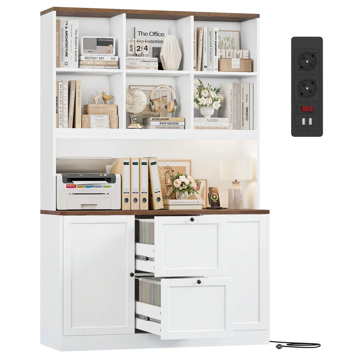FirFurd Libreria Verticale con Presa di Corrente, Schedario da Ufficio a Ripiani Regolabili, Libreria da Parete a Ampio Piano di Lavoro, Cassettiera per Cartelle Sospese,116x40x182 cm (Bianco)