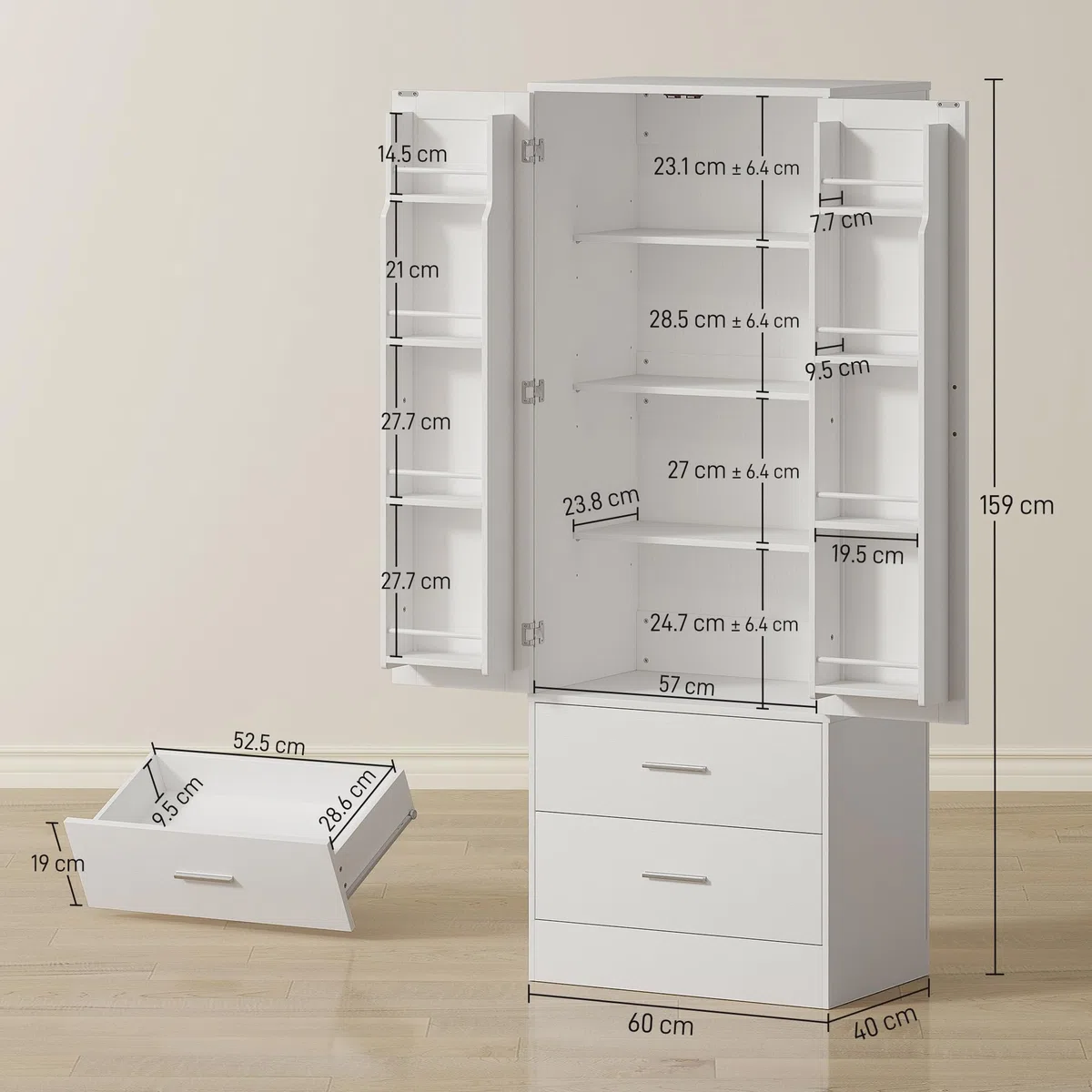 HOMCOM Credenza Cucina Alta 159 cm, Mobile Cucina con 8 Portaspezie sulla Porta, 2 Ante e 2 Cassetti, Mobile Dispensa Moderno con Ripiani Regolabili, per Sala da Pranzo, Soggiorno, Bianco