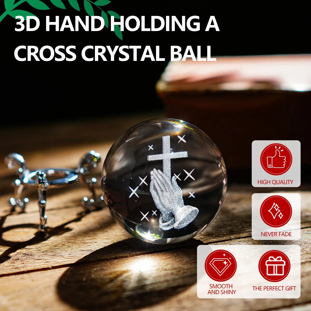 ZEERSHEE 60 mm 3D inciso al laser mano che tiene una croce palla di cristallo statuetta con supporto decorazione cristiana da collezione per casa ufficio preghiera regali religiosi per donne