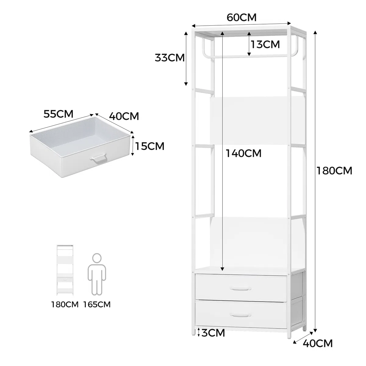 VOWNER Appendiabiti da Terra, Mobile Ingresso con Panca, Attaccapanni con Barra e 2 Cassetti, 4 in 1, Stand Appendiabiti in Acciaio Inox, per Corridoio e Camera da Letto, 60 x 40 x 180 cm