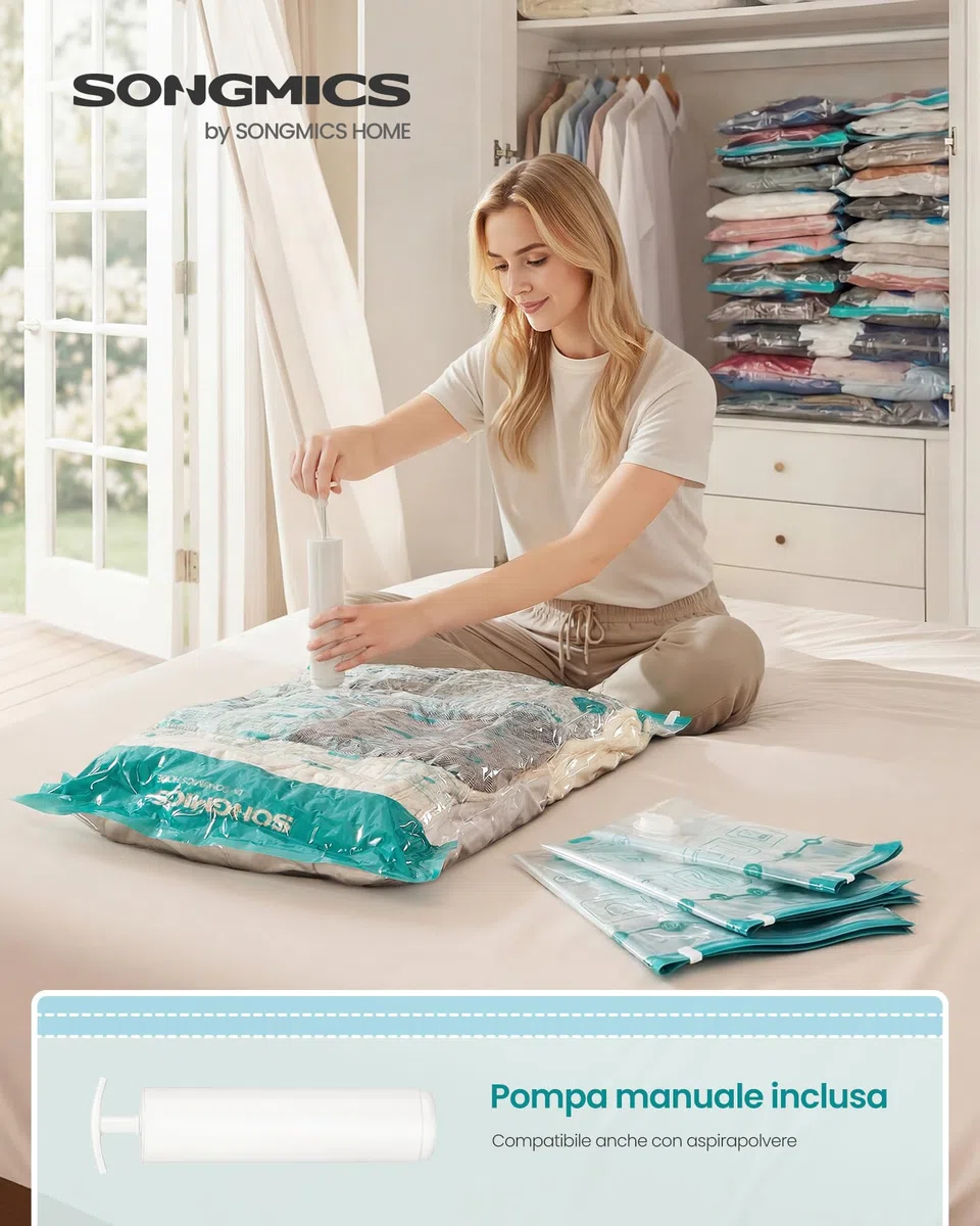 SONGMICS Sacchetti Sottovuoto, Sacchi Buste per Vestiti Lenzuola Armadi Viaggi, Compatti e Riutilizzabili, Pompa a Mano Inclusa, 8 Pezzi, 2M/3L/3J, Trasparente LVB105W101