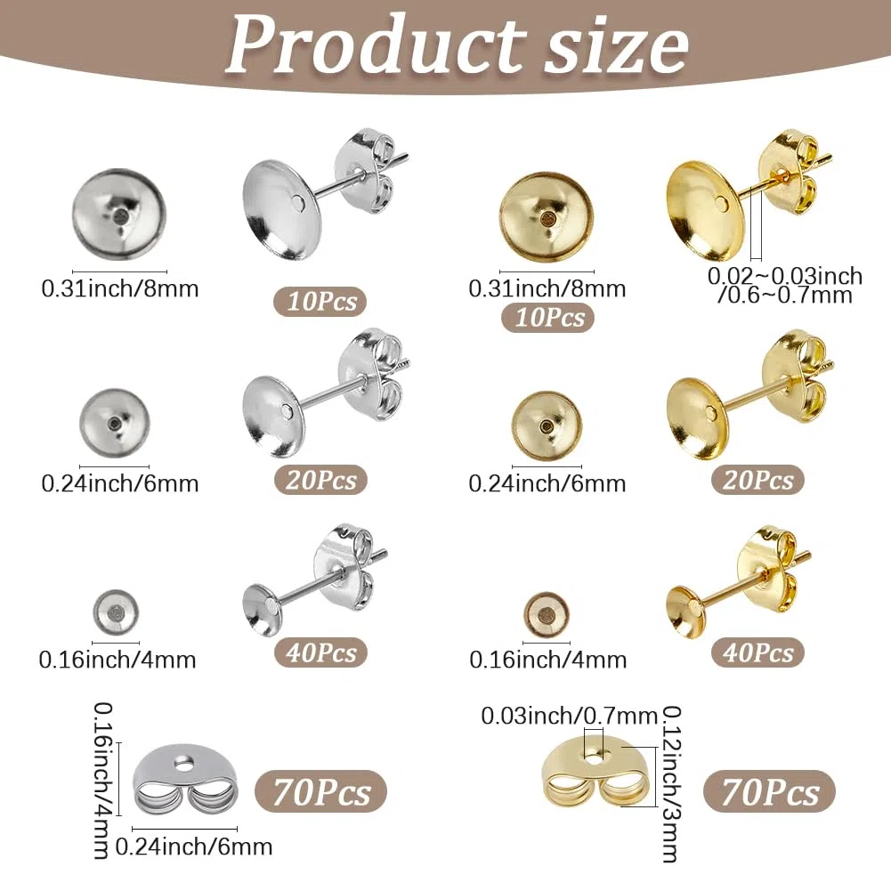 1 scatola Da 140 pezzi Da 4/6/8mm In Acciaio Inossidabile per Orecchini Perni per Orecchini Vuoti con Base Semicircolare In Oro e Argento per La Creazione di Gioielli Fai Da Te Artigianato Do