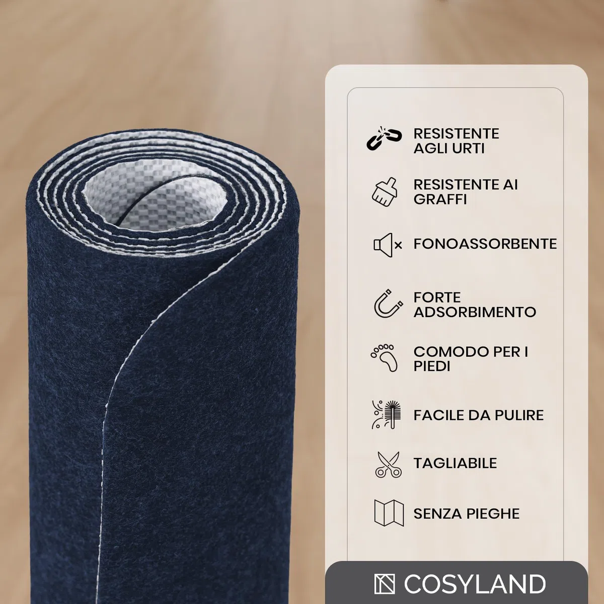 COSYLAND Tappeto Sedia Ufficio antiscivolo e silenzioso - Tappeto per Sedia con Ruote resistente ai graffi e facile da arrotolare (Blu Reale)