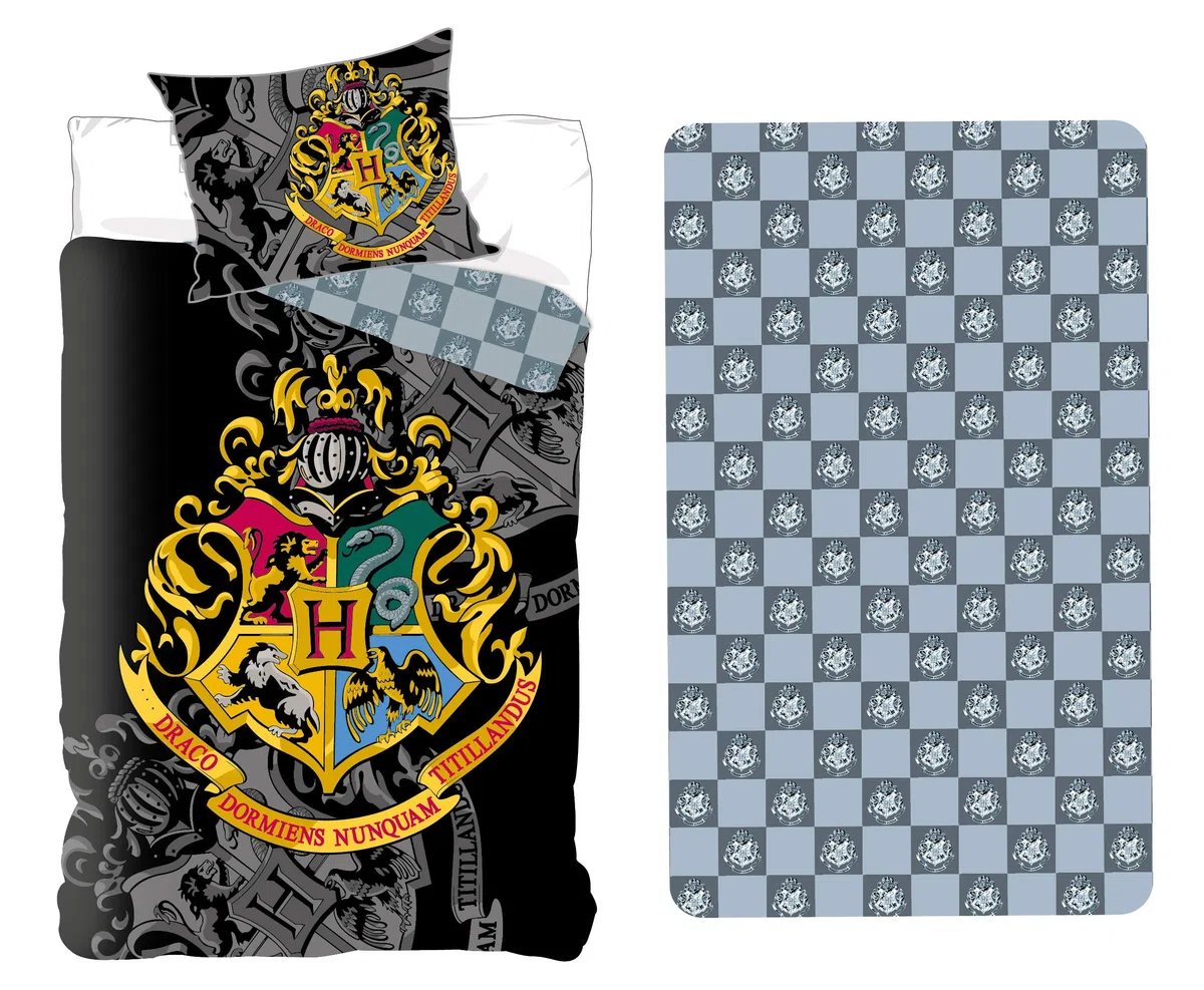 SETINO Harry Potter, set copripiumino 140 x 200 cm + federa 63 x 63 cm + lenzuolo con angoli 90 x 200 cm | Copripiumino + lenzuolo 90x200 | Cotone naturale traspirante | Wizarding World | Teen | Regalo | Lavabile in lavatrice