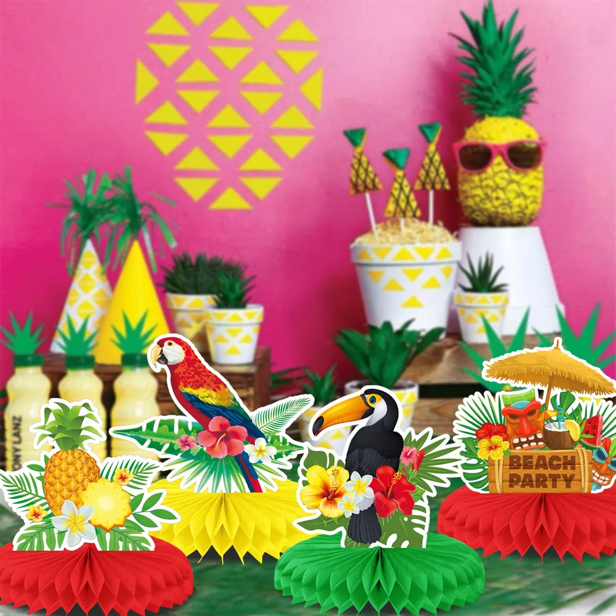 HOWAF 9 Pezzi Centrotavola Hawaiano, Aloha Decorazioni da Tavola Fenicotteri Rosa Ananas Noce di Cocco Centrotavola a Nido d'Ape Hawaiano Luau Tiki Centrotavola Tropicale 3D per Addobbi Festa Hawaiana