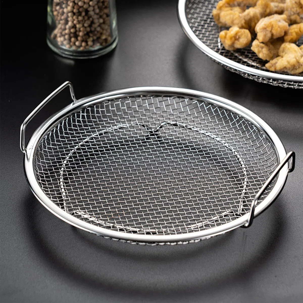 Scolapasta per olio, in acciaio inox, con vassoio, scolapasta a rete, contenitori per snack, server per cibi fritti, griglia per scolo 'olio per cucina
