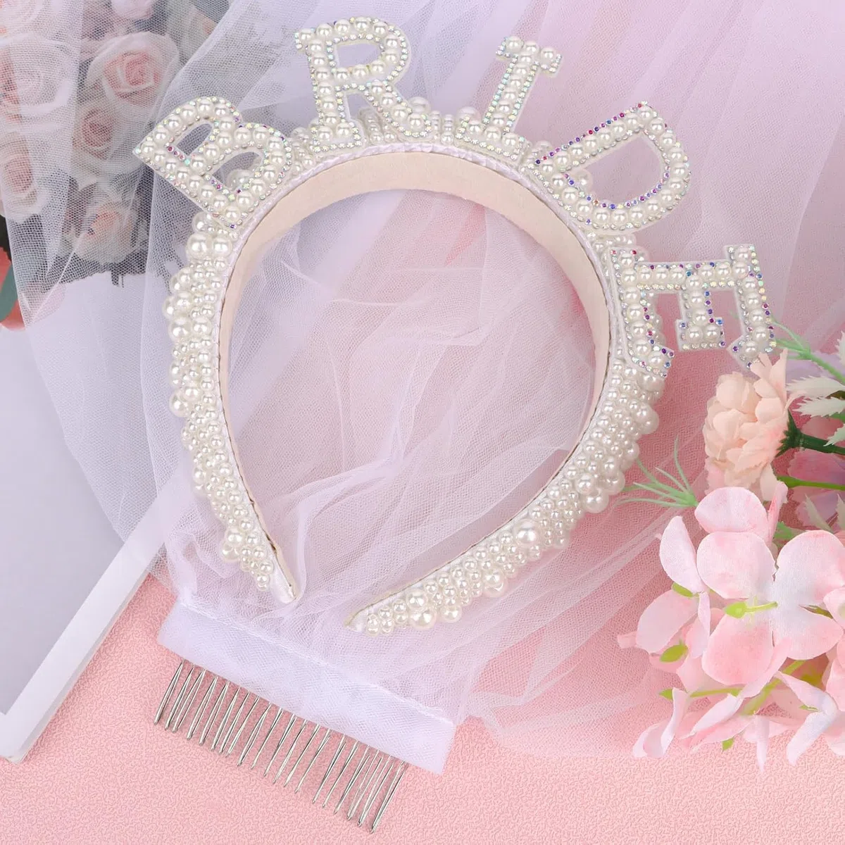 Cerchietto per Capelli con Perle, e Velo da Sposa Bianche, Cerchietto Bride, Cerchietto Sposa Perle, Cerchietto Bride e Velo, per Addio al Nubilato, Fidanzamento, Regalo Nuziale