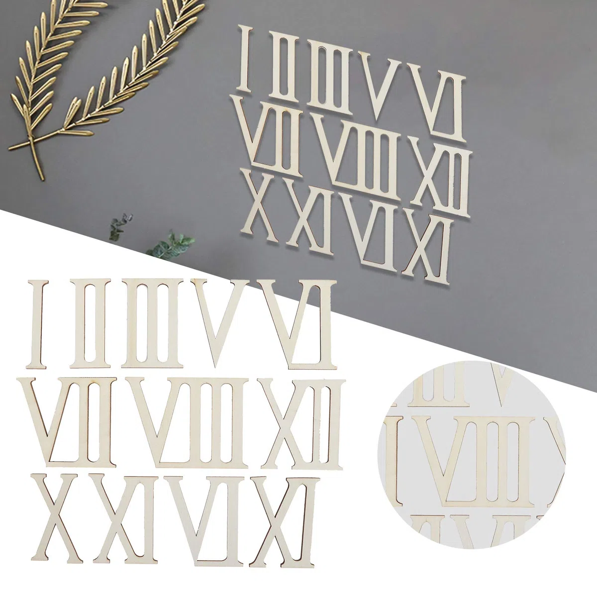 Numeri romani in legno, 12 pezzi Lettere in legno non finite Numeri romani Forme Fette di legno Numeri di orologio fai-da-te Decorazione artigianale 7CM
