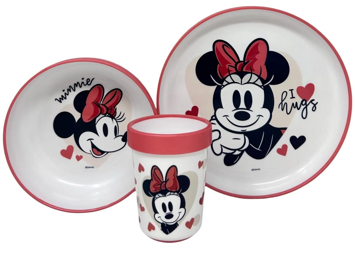 Set pappa Minnie Disney 3 pezzi piatto piano piatto fondo bicchiere stoviglie in plastica riutilizzabile con sistema antiscivolo per bambini