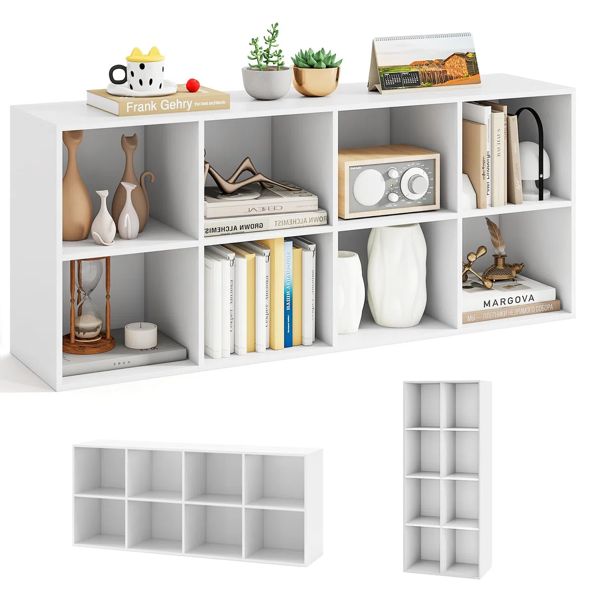 KOMFOTTEU Libreria Scaffale con 8 Cubi, Libreria Legno con 2 Dispositivi Antiribaltamento, Mobile Contenitore per Soggiorno, Camera da Letto, Ufficio, 121,5 x 29 x 61 cm (Bianco)