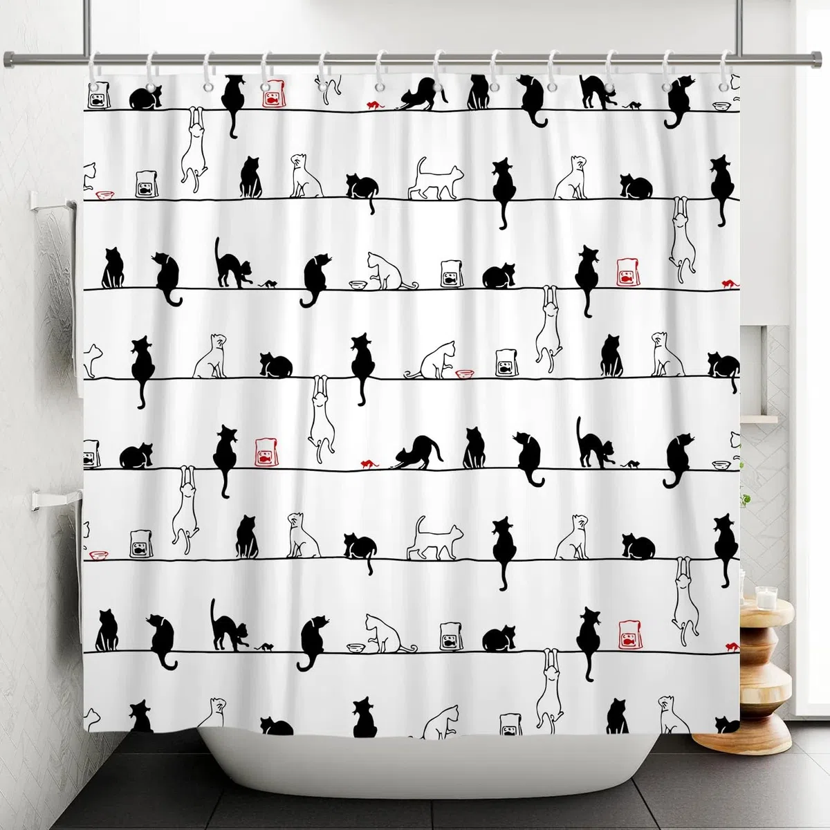 Bianco e Nero Gatto Tende da Doccia 180x180cm Cartone Animato Divertente Gatto Semplice Animale Tenda da Doccia Impermeabile Lavabile in Poliestere con 12 Ganci per Bagno, Vasca da Bagno