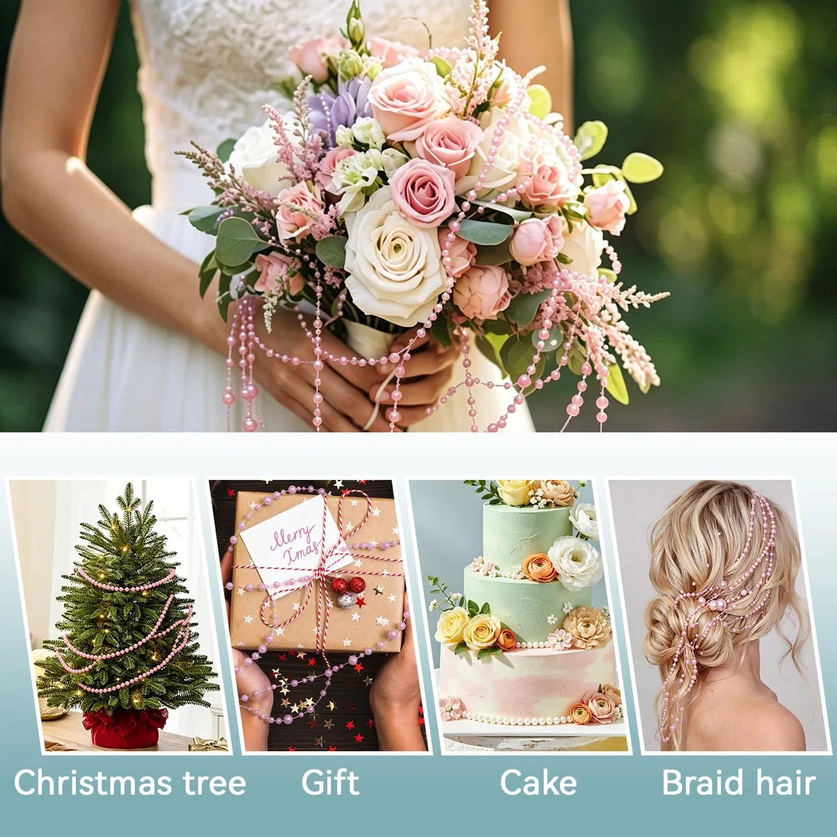 Decorazione con ghirlanda di perle, 10 Metri Artificiale Ghirlanda Fili Perline, Filo con Perle rosa per natalizie Matrimonio decorazione